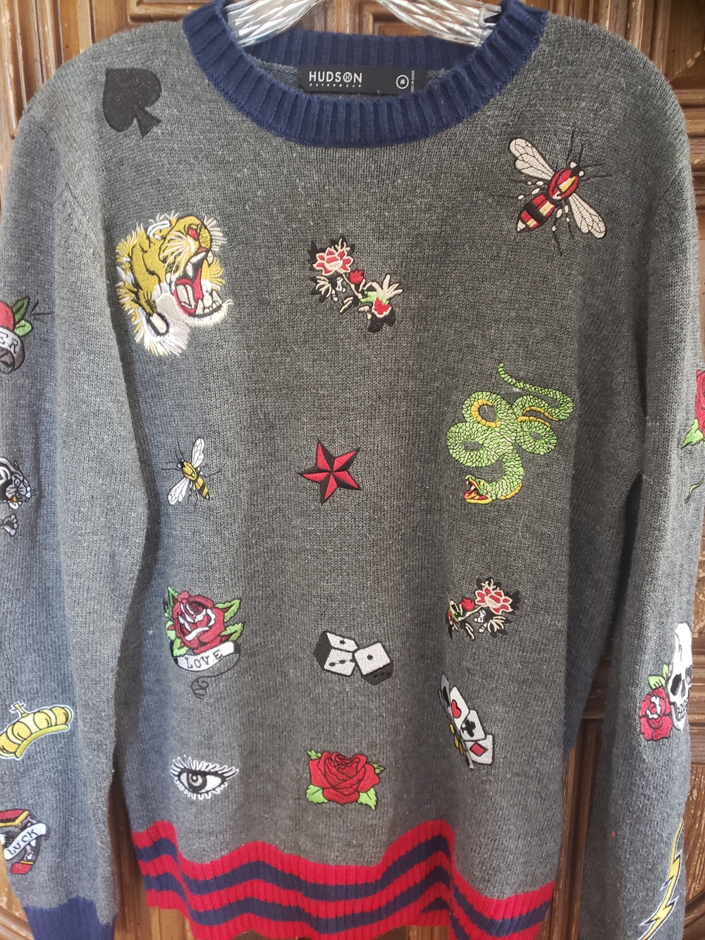 Vintage Hudson Jeans Gray Crewneck Sweater with Flah Tattoo Patches